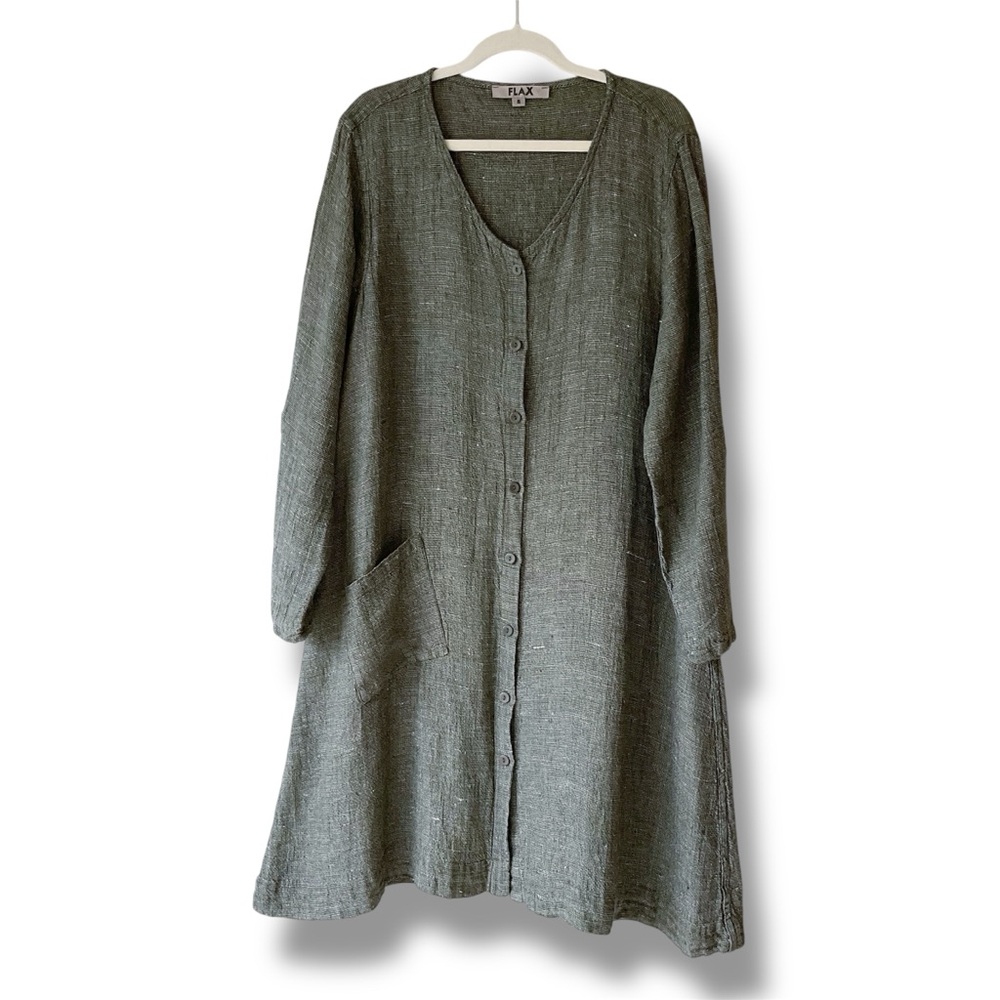 Flax Lagenlook Linen  Button Down Shirt Dress in Green Flax Size S/ US 6-10